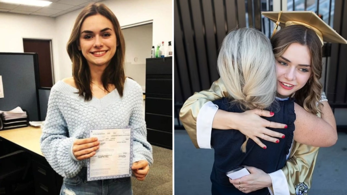 一个青少年抱着一张纸，一个毕业生抱着一个女人